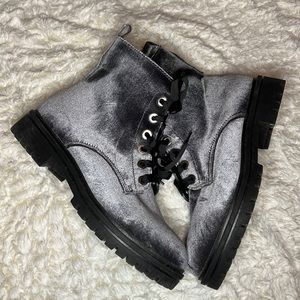 Grey Velvet Combat Boots